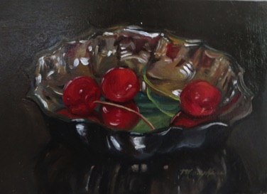 Three Cherries in a Silver Bowl on Black
Merit Award, Bi-State Art Competition, 2014
oil on panel
5” x 7”